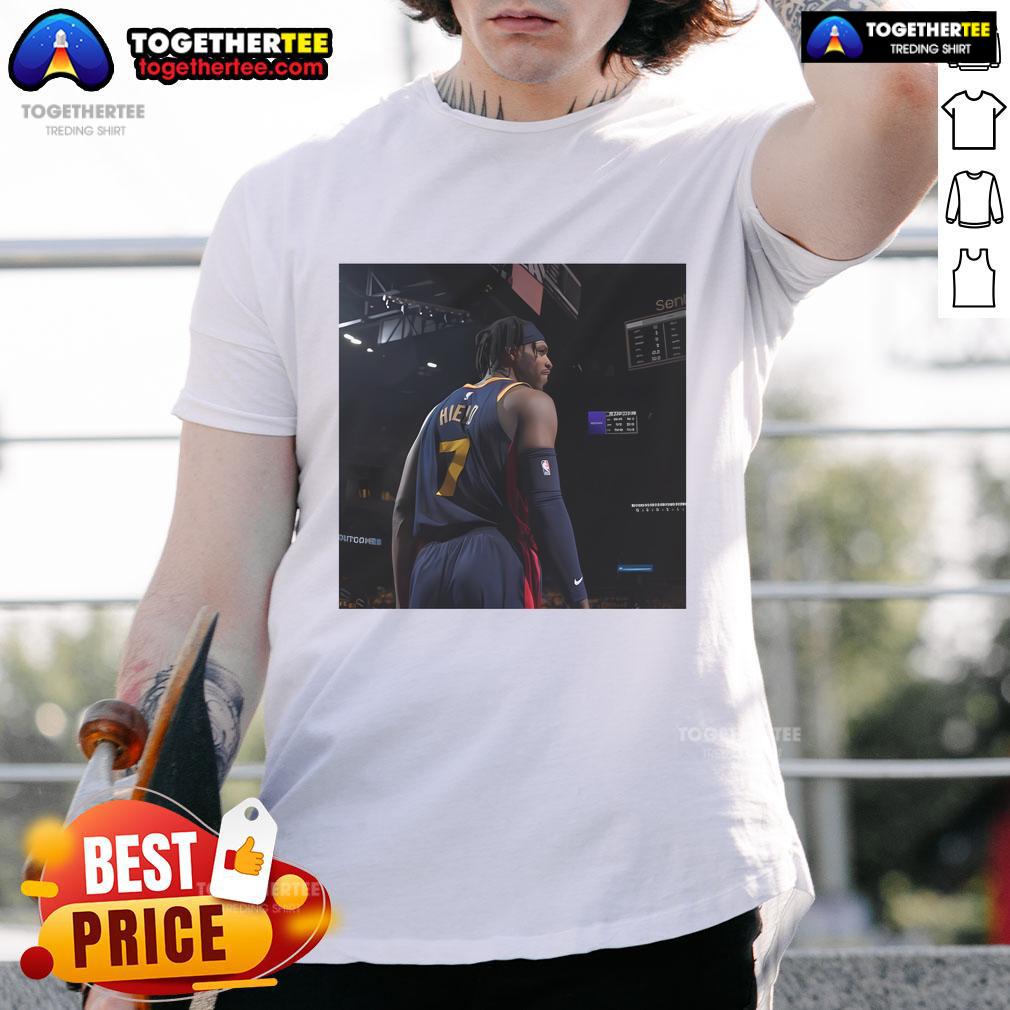 Buddy Hield sports an 'Excluding Buddy' T-shirt, showcasing his unique style as a member of the Original Warriors.