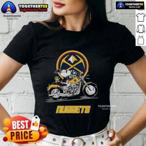Premium Snoopy and Woodstock driving motorbike on Denver Nuggets ladies tee, perfect for fans and collectors.