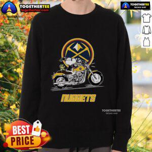 Alt Text: Premium Snoopy and Woodstock driving a motorbike on a Denver Nuggets sweatshirt, perfect for fans and collectors.