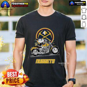 Premium Snoopy and Woodstock driving motorbike Denver Nuggets T-Shirt featuring vibrant graphics and a fun design.