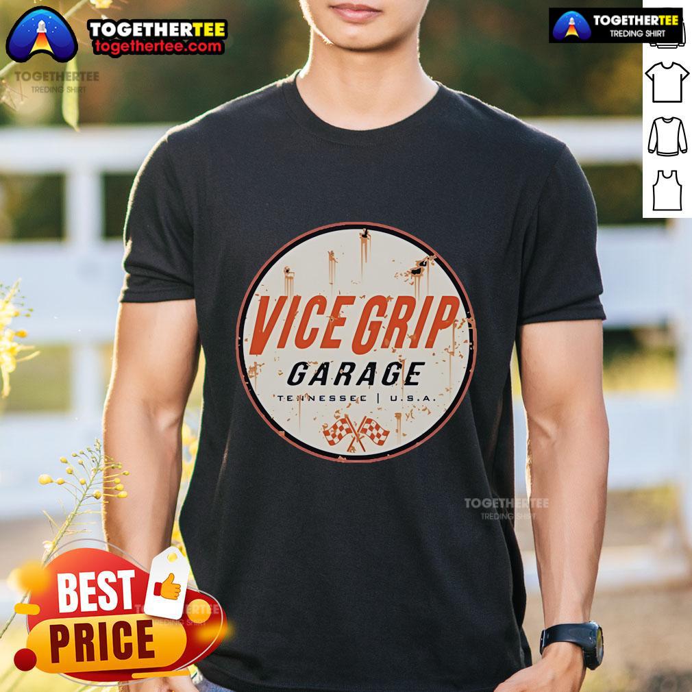 Premium Vice Grip Garage T-Shirt featuring a rusty can design, showcasing Tennessee USA style and vintage automotive theme.