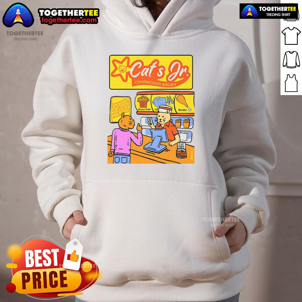 Alt Text: Cozy hoodie featuring 'Pretty Cats Jr. Charbroiled Birdies' design, promoting comfort and style for cat lovers.