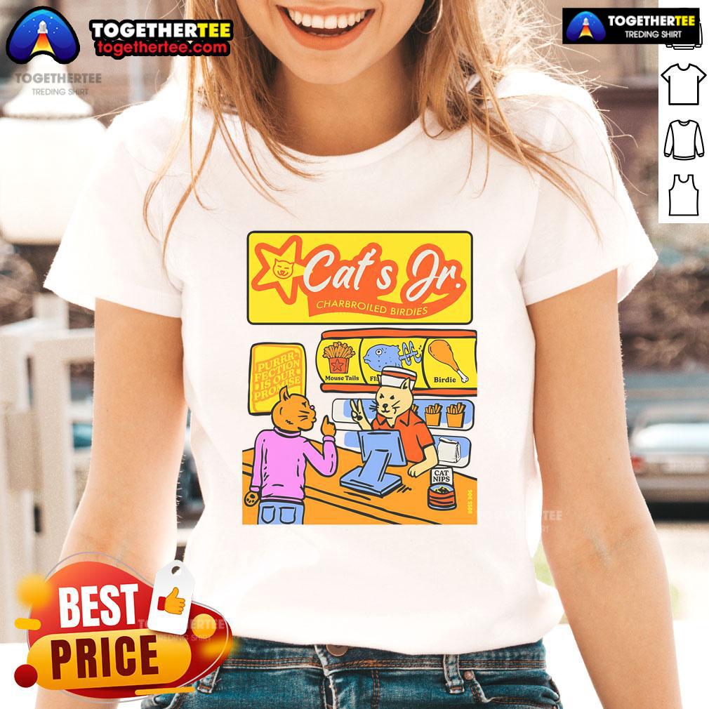 Alt Text: Pretty Cats Jr Charbroiled Birdies tee for ladies, featuring a playful cat design and the slogan 'Purrr-Fection Is Our Promise'.