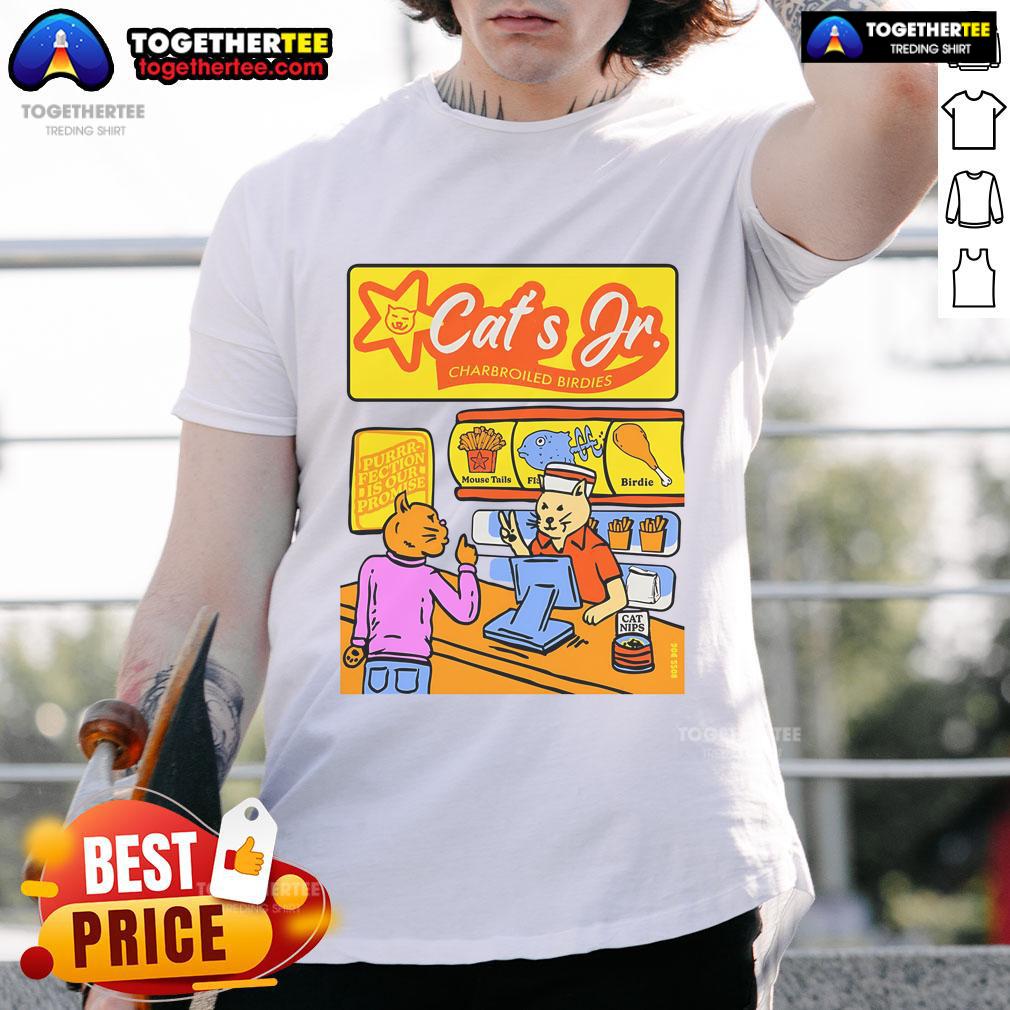 Alt Text: Pretty Cat's Jr Charbroiled Birdies Purrr-Fection Is Our Promise T-Shirt featuring a vibrant cat design.