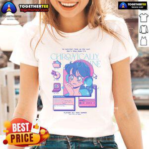 Funny retro anime ladies tee with the phrase 'Pretty Go Outside Don't They Know I'm Chronically Online' in vibrant colors.