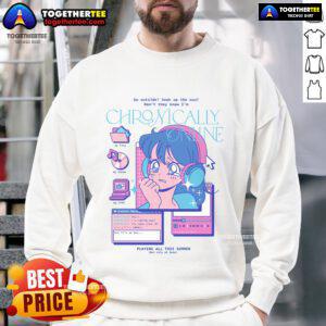 Funny retro anime sweatshirt with 'Pretty Go Outside, Don't They Know I'm Chronically Online' slogan in vibrant colors.