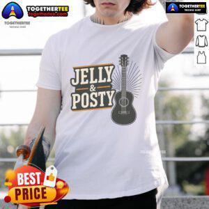 Pretty Jelly & Posty Guitar Music T-Shirt featuring vibrant graphics of guitars and colorful jelly design, perfect for music lovers.