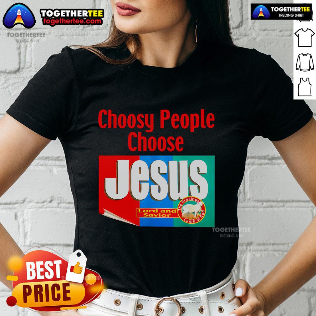 Alt Text: Retro ladies tee featuring Top Choosy People Choose Jesus design, perfect for expressing faith and style.