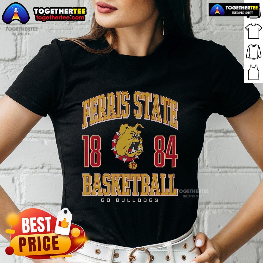 Alt Text: Top Ferris State Bulldogs Basketball ladies tee featuring team logo and vibrant colors, perfect for fans.