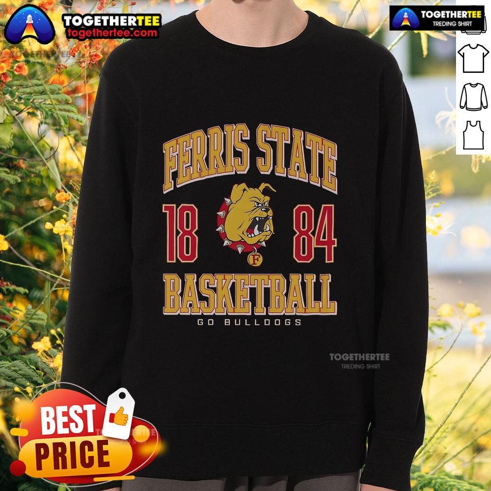Alt Text: Top Ferris State Bulldogs basketball sweatshirt featuring team colors and logo, perfect for fans and sports enthusiasts.