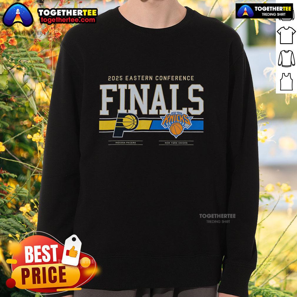 Top Indiana Pacers 2025 Eastern Conference Finals matchup sweatshirt featuring team colors and logo.