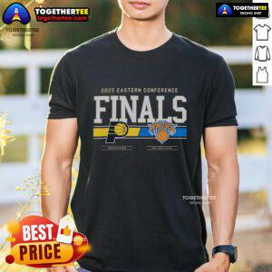 Top Indiana Pacers 2025 Eastern Conference Finals Matchup T-Shirt featuring team colors and logo, perfect for fans.