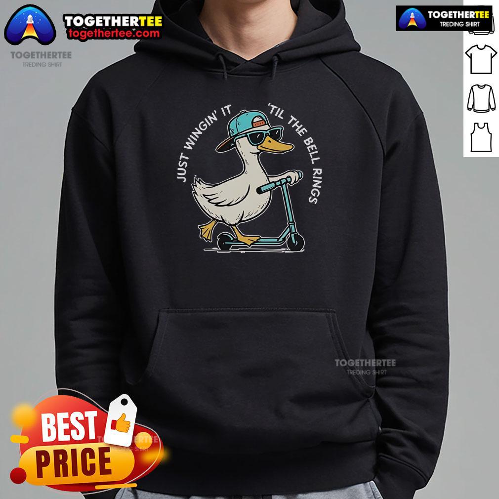 Top Last Day of School Goose hoodie design with a playful cartoon goose flying, perfect for celebrating summer break.