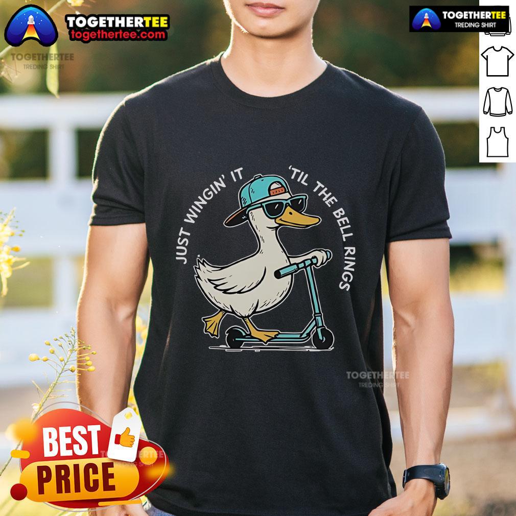 Top Last Day Of School Goose Just Wingin' It T-Shirt featuring a playful goose design, perfect for celebrating summer break.