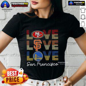 Alt Text: Stylish ladies tee featuring San Francisco 49ers, Giants, and Warriors logos, perfect for sports fans.