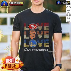 Alt Text: Top Love San Francisco 49ers, Giants, Warriors T-Shirt featuring vibrant team logos and colors for sports fans.