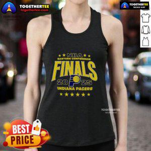 2025 Indiana Pacers tank top featuring team colors and logo for NBA Eastern Conference Finals fans.