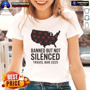 Protesters wearing 'Hot-Banned-But-Not-Silenced' tees rally against Trump Travel Ban 2025, advocating for immigrant rights.