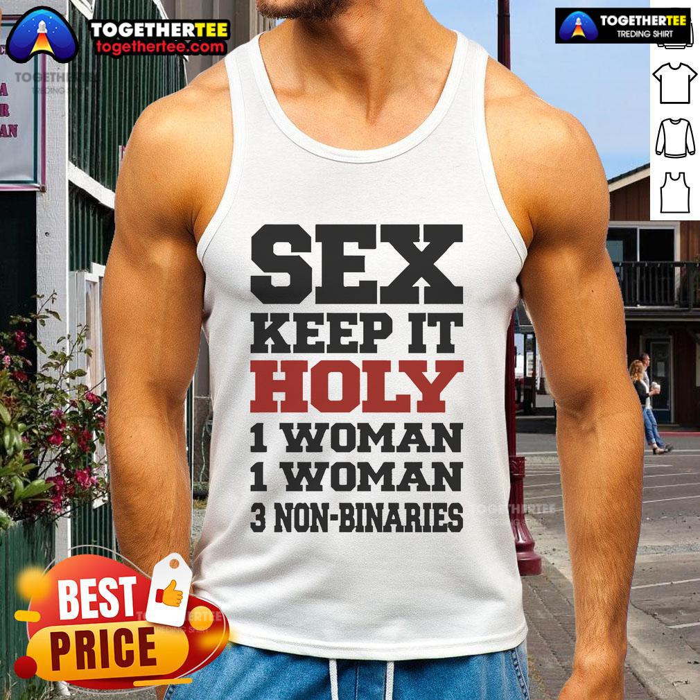 Hot Rebecca Black in a tank top, showcasing a confident pose with three non-binary friends for 'Keep It Holy' theme.