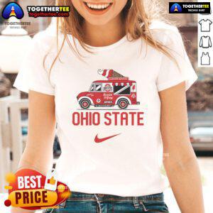 Ohio State Buckeyes ice cream truck ladies tee featuring vibrant team colors and logo for fans and summer wear.