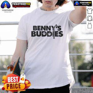 Sam Bennett smiling in a Benny's Buddies T-shirt, showcasing support for the charity and his friendly personality.
