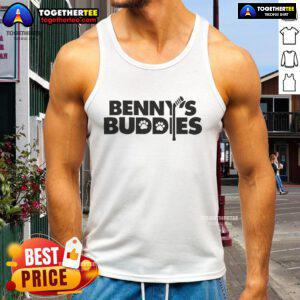 Sam Bennett smiling while wearing a Benny's Buddies tank top, showcasing his support for the charity initiative.