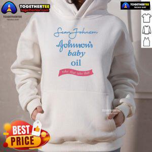 Alt Text: Nice Sean Johnson wearing a Johnson's Baby Oil hoodie, showcasing stylish and comfortable fashion inspired by the brand.