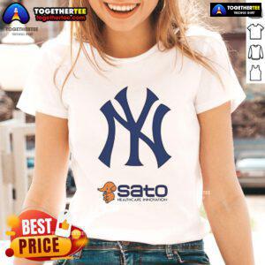2025 New York Yankees Sato Healthcare Innovation Day ladies tee showcasing team colors and logo design.