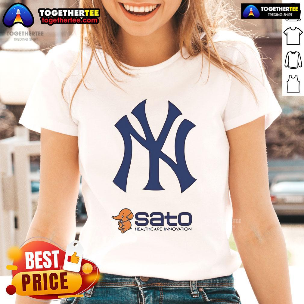 2025 New York Yankees Sato Healthcare Innovation Day ladies tee showcasing team colors and logo design.