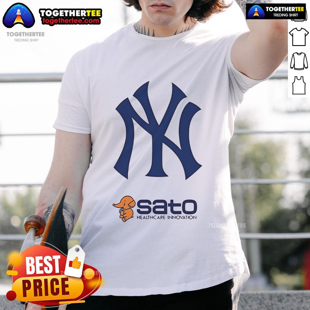 Alt Text: Official 2025 New York Yankees Sato Healthcare Innovation Day T-Shirt featuring team logo and innovative design.
