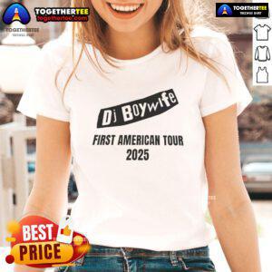 Official DJ Boy Wife First American Tour 2025 Ladies Tee featuring vibrant design and stylish fit for fans.