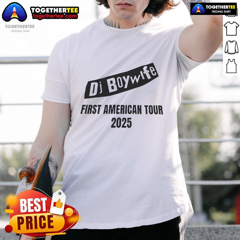 Official DJ Boy Wife First American Tour 2025 T-Shirt featuring vibrant design and tour details for fans.