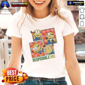 Alt Text: Official Despicable Me 4 Minions ladies tee featuring vibrant graphics of beloved Minions characters.