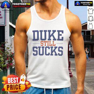 Official Duke Sucks tank top featuring bold text design, perfect for fans expressing their rivalry spirit.