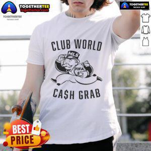 Alt Text: Seattle Sounders players wearing Club World Cash Grab T-shirts during a match, showcasing team spirit and merchandise.