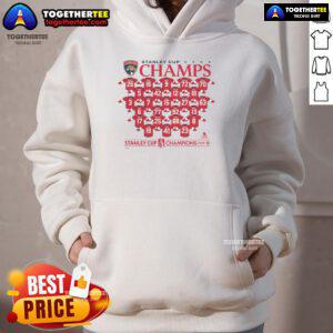 Alt Text: Florida Panthers 2025 Stanley Cup Champions hoodie featuring roster players, perfect for fans celebrating the victory.