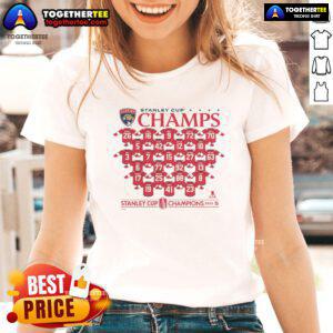 Alt Text: Official Florida Panthers 2025 Stanley Cup Champions jersey featuring roster players on a stylish ladies tee.