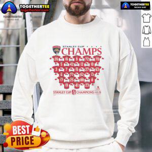 Official Florida Panthers 2025 Stanley Cup Champions sweatshirt featuring roster player names and team logo.