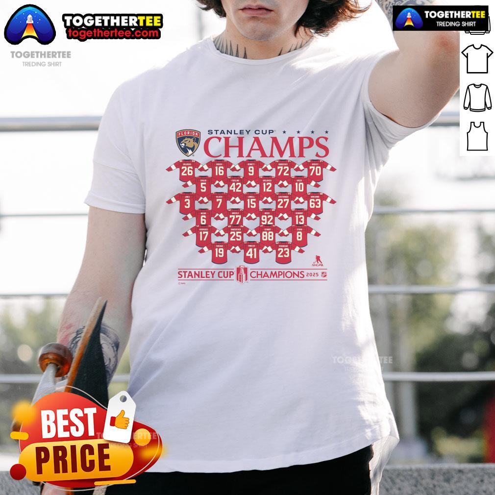 Official Florida Panthers 2025 Stanley Cup Champions jersey t-shirt featuring roster players and team logo.