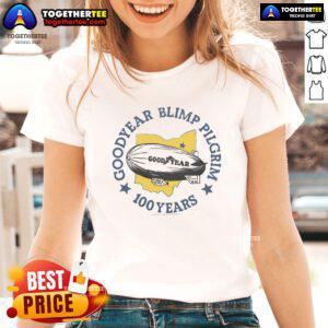 Official Goodyear Blimp Pilgrim 100 Years Ladies Tee featuring a stylish design celebrating a century of aviation history.