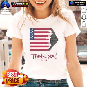 Gunther Eagleman Thank You Flag USA Ladies Tee featuring patriotic design and vibrant colors for stylish casual wear.