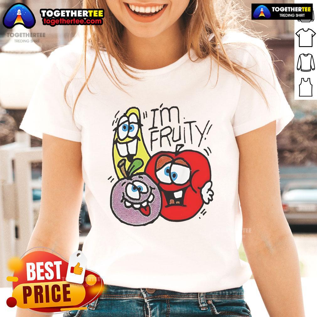 Official Im Fruity Funny Ladies Tee featuring colorful fruit graphics and a playful design for a fun casual look.