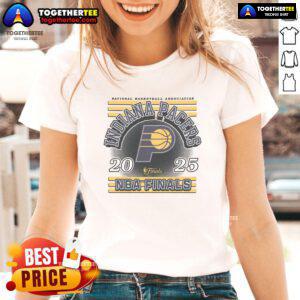 Official Indiana Pacers NBA Finals 2025 ladies tee featuring team colors and logo, perfect for fans and supporters.