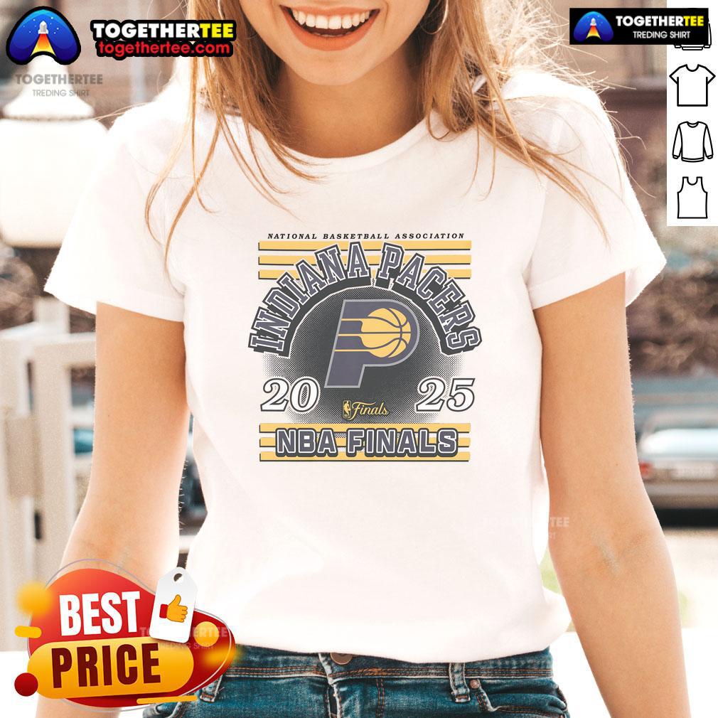 Official Indiana Pacers NBA Finals 2025 ladies tee featuring team colors and logo, perfect for fans and supporters.