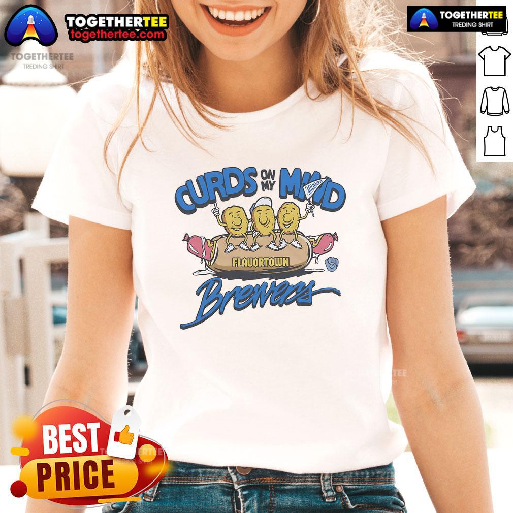 Official MLB X Flavortown Milwaukee Brewers Curds On My Mind Ladies Tee featuring vibrant team colors and stylish design.