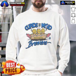 Official MLB X Flavortown Milwaukee Brewers 'Curds On My Mind' sweatshirt featuring team colors and logo.