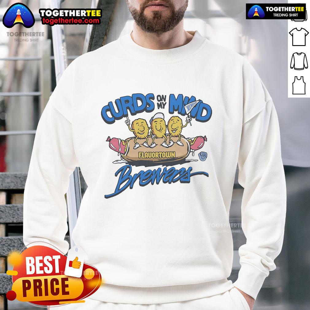 Official MLB X Flavortown Milwaukee Brewers 'Curds On My Mind' sweatshirt featuring team colors and logo.