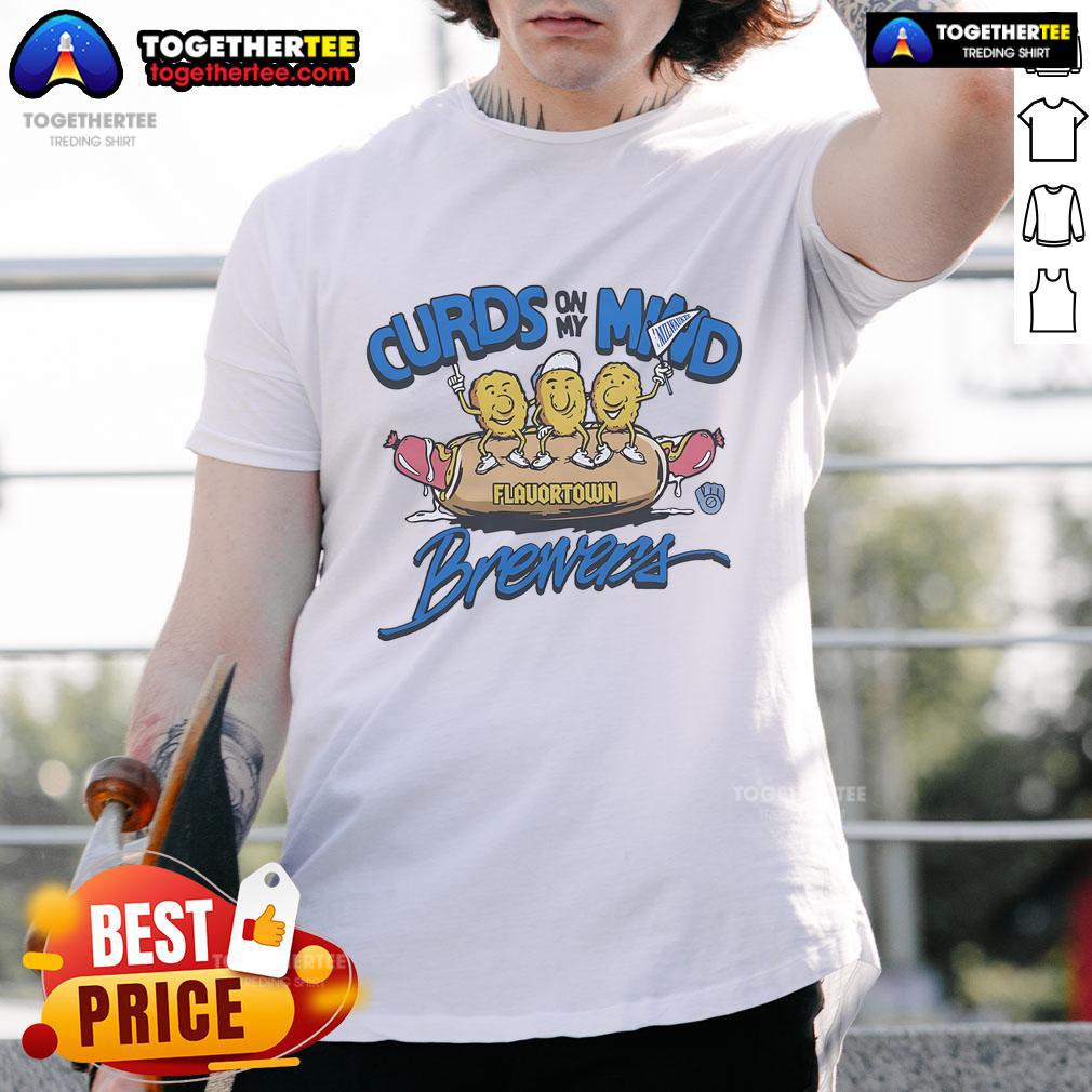 Official MLB x Flavortown Milwaukee Brewers 'Curds On My Mind' T-Shirt featuring vibrant graphics and team colors.