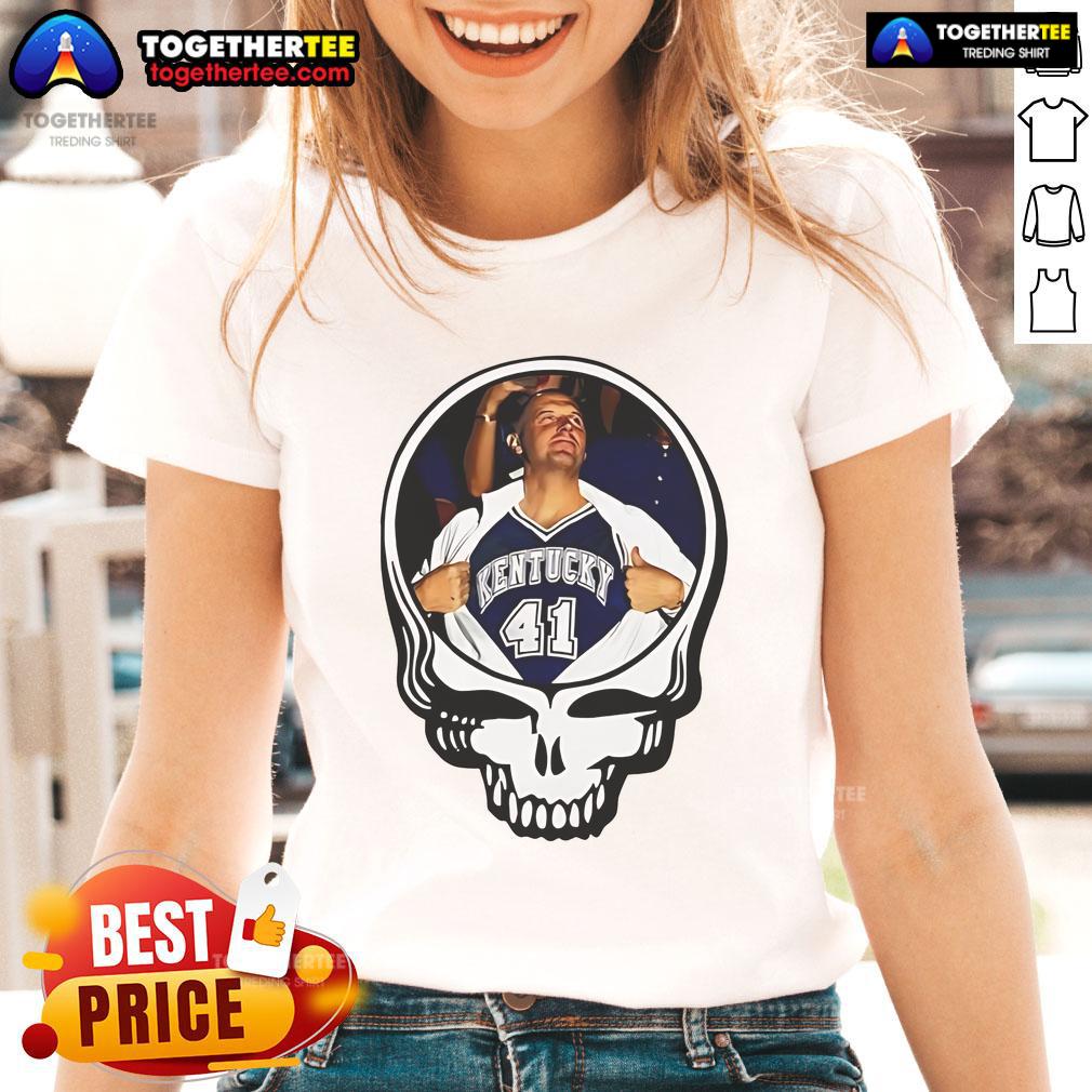 Alt Text: Official Mark Pope Grateful Dead logo ladies tee featuring vibrant design and comfortable fit for fans.