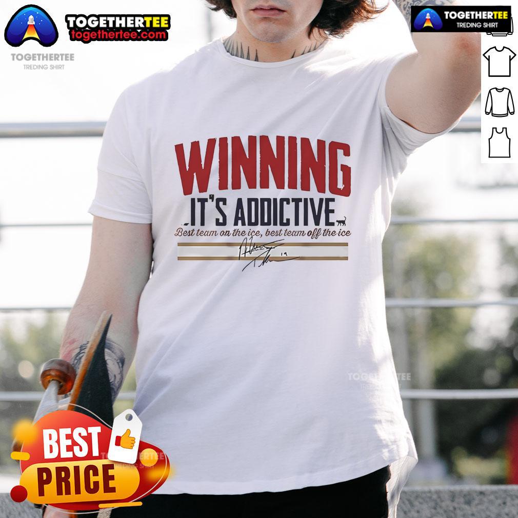 Official Matthew Tkachuk Winning It's Addictive Signature T-Shirt featuring Tkachuk's logo and vibrant design.